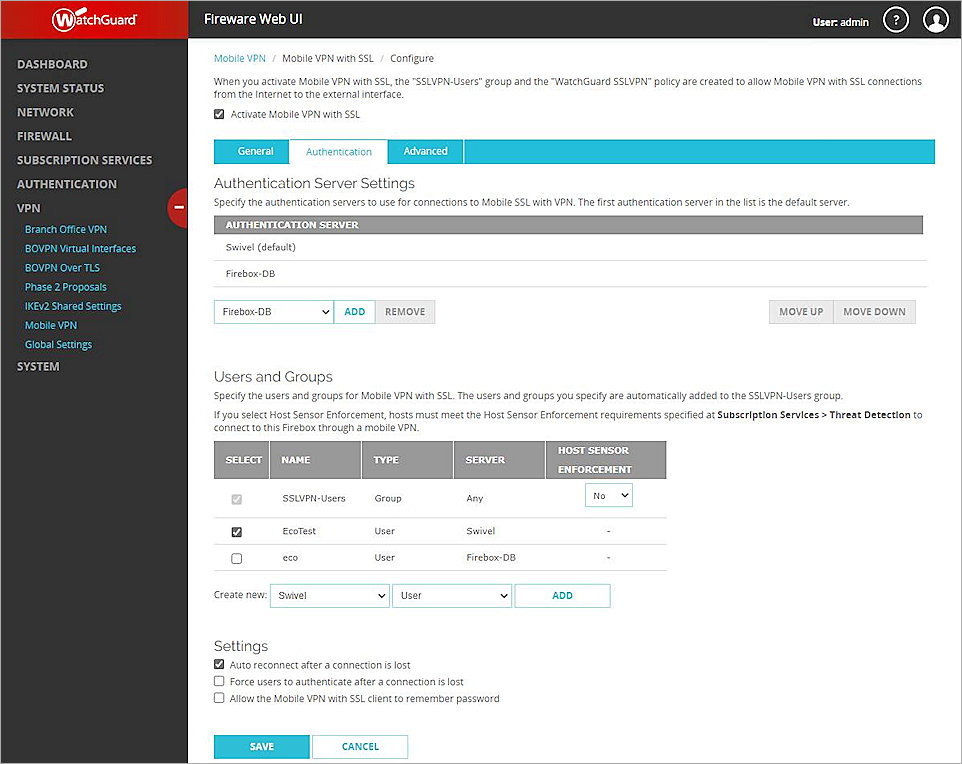 Screen shot of the Mobile VPN with SSL Configure Authentication tab